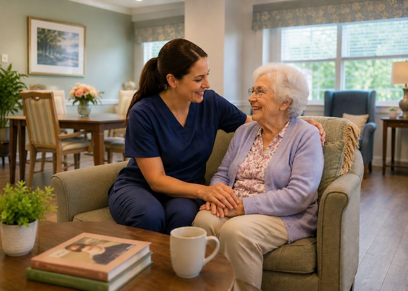 Caring staff with resident at Momence Meadows Nursing & Rehabilitation